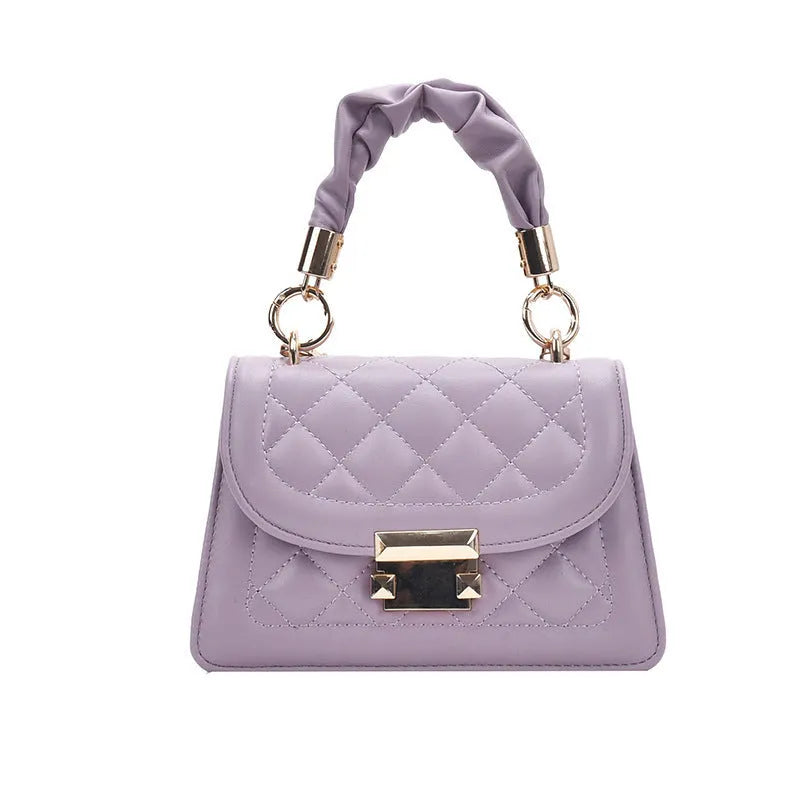 Small square purple shoulder bag with chain messenger strap showing dimensions