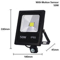 IP65 brushed stainless aluminium LED outdoor floodlight with motion sensor, 50W model, white light