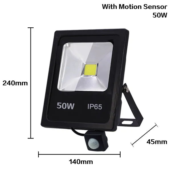 IP65 brushed stainless aluminium LED outdoor floodlight with motion sensor, 50W model, white light