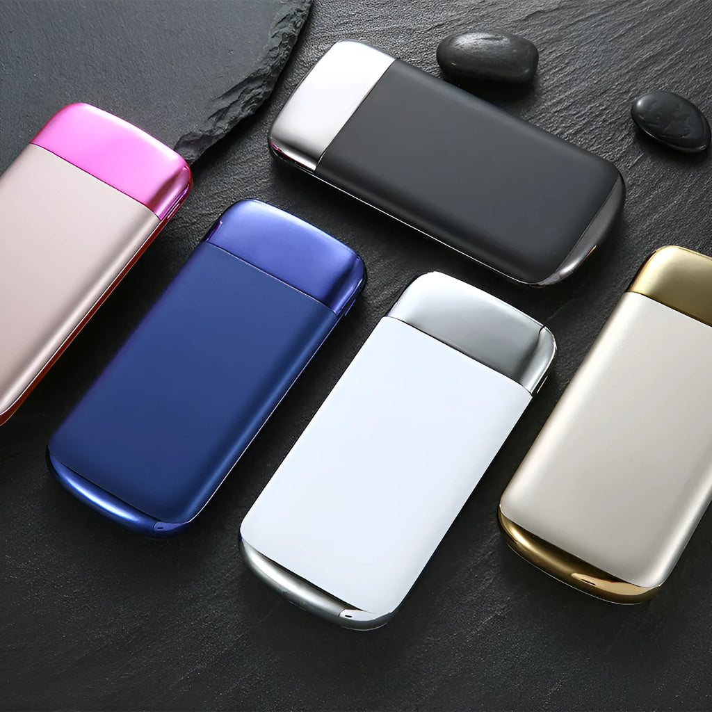 Y10 portable power bank with LCD screen showing battery percentage, in a choice of colours including black, gold, and rose gold.