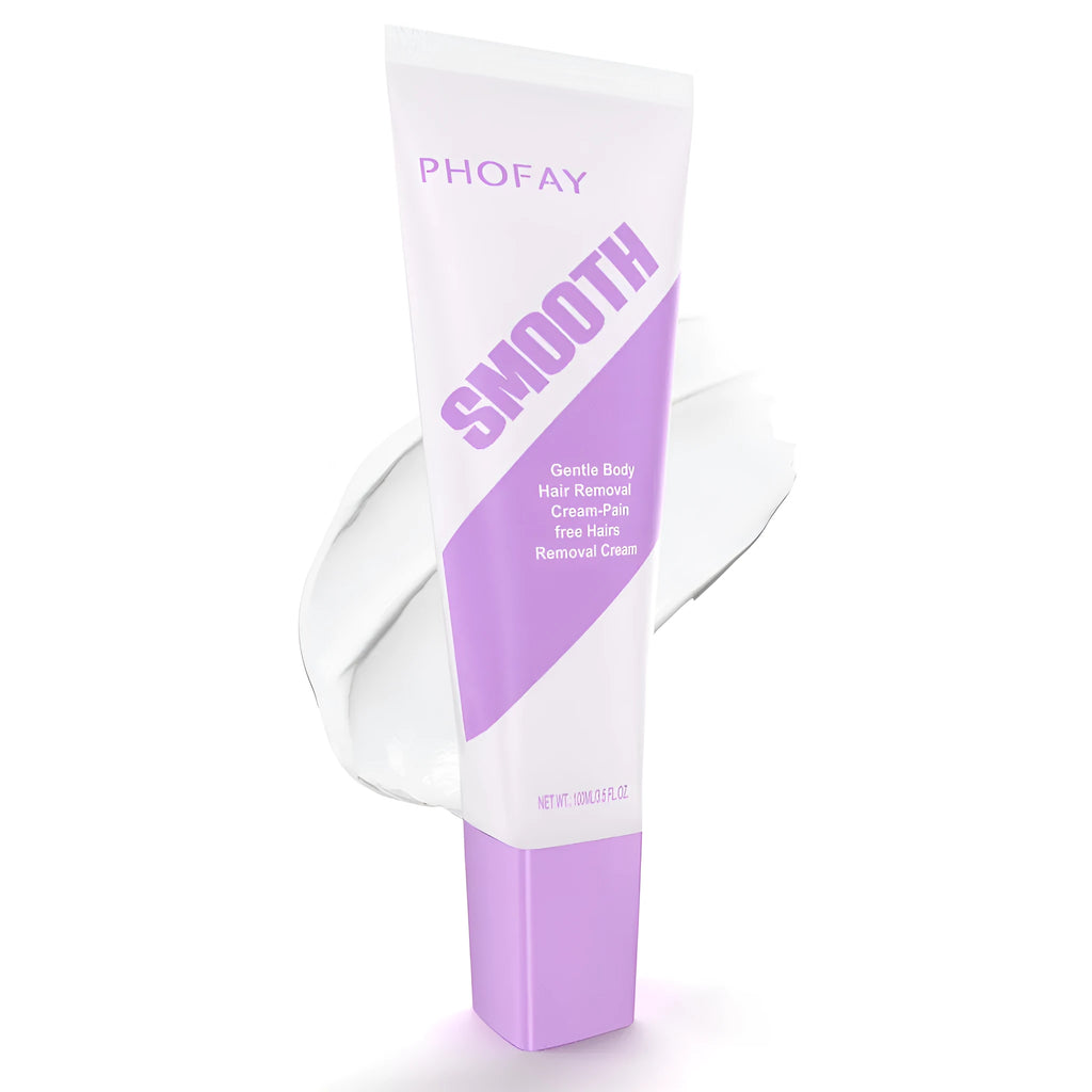 PHOFAY pain free hair removal cream tube with applicator and scraper tool on a bathroom surface