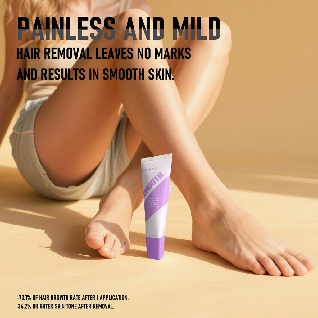 PHOFAY pain free hair removal cream tube with applicator and scraper tool on a bathroom surface