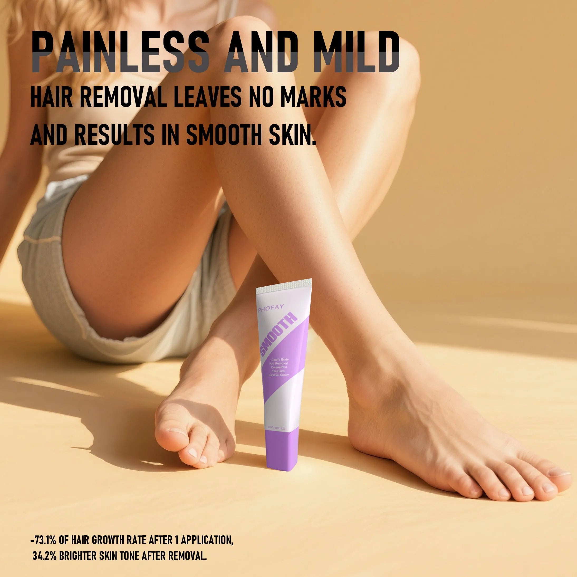 PHOFAY pain free hair removal cream tube with applicator and scraper tool on a bathroom surface