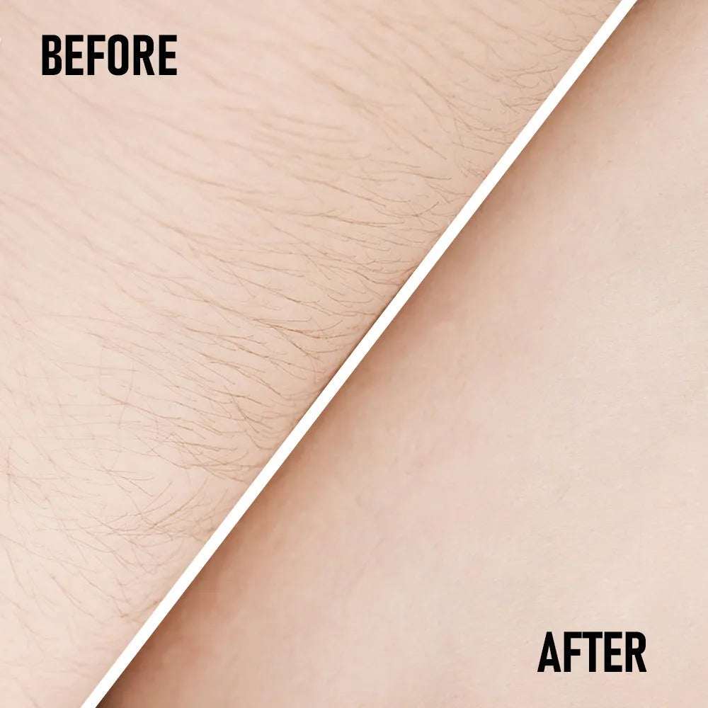 PHOFAY pain free hair removal cream tube with applicator and scraper tool on a bathroom surface