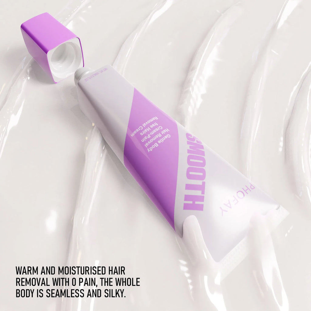 PHOFAY pain free hair removal cream tube with applicator and scraper tool on a bathroom surface