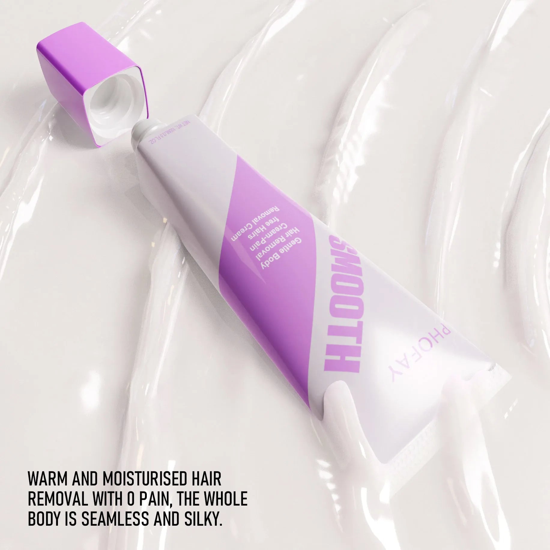 PHOFAY pain free hair removal cream tube with applicator and scraper tool on a bathroom surface