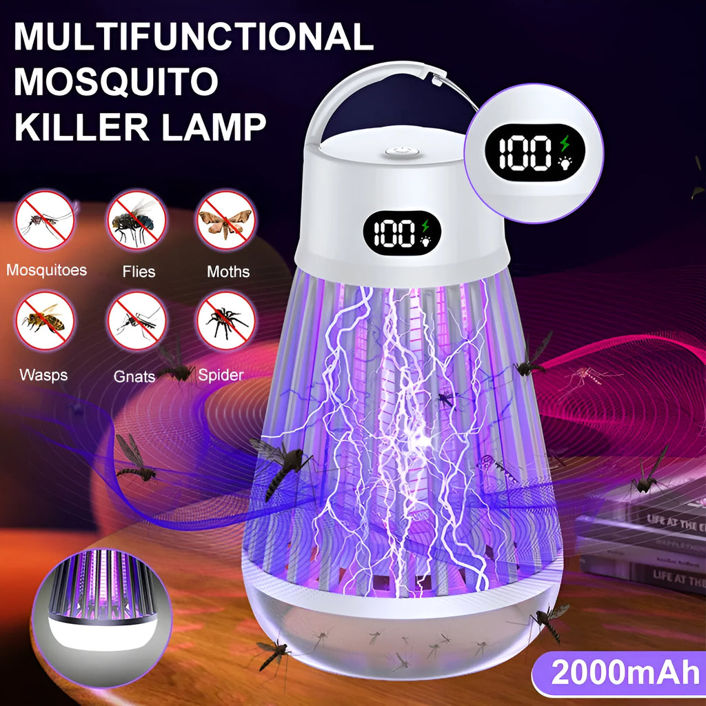 Digital display mosquito killer lamp with electric shock grid, white colour, on a tabletop with USB cable