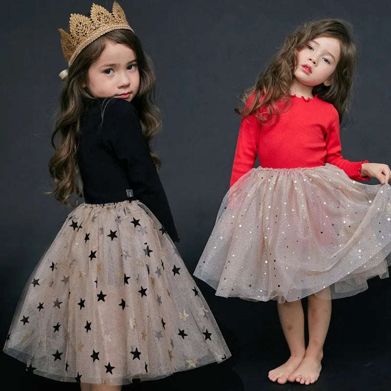 Red cotton children's Christmas dress with long princess sleeves, lace detailing, and bow accents for ages 3-8