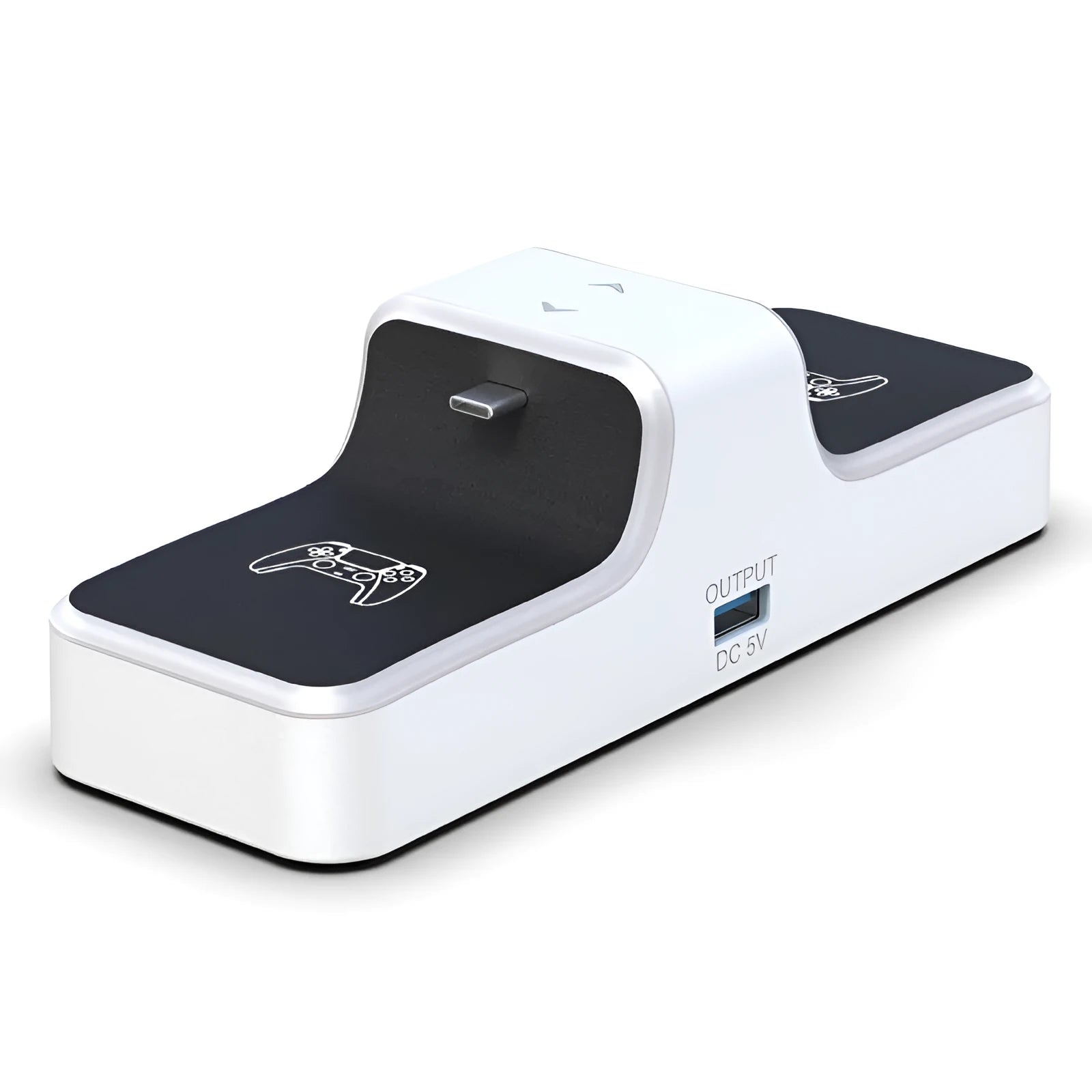 White PS5 dual controller charging station with red and blue LED indicators on a desk