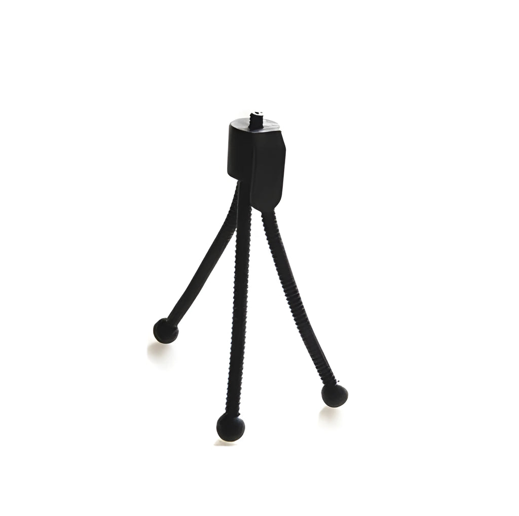 Small black iron frame mini tripod with ball head, shown extended next to a smartphone for scale.