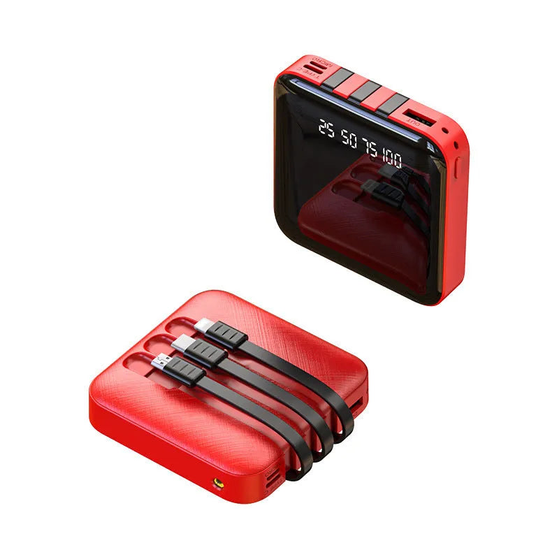 Square black power bank with a built-in USB charging cable, showing 10000mAh capacity label.