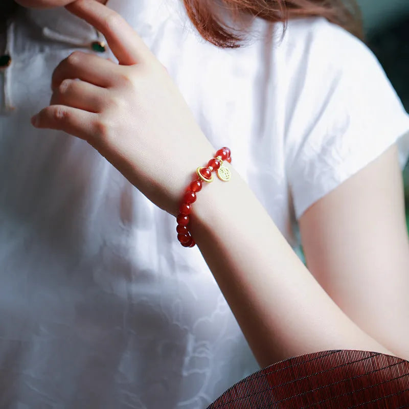 Natural red agate bracelet with woven beads and blessing card in national style