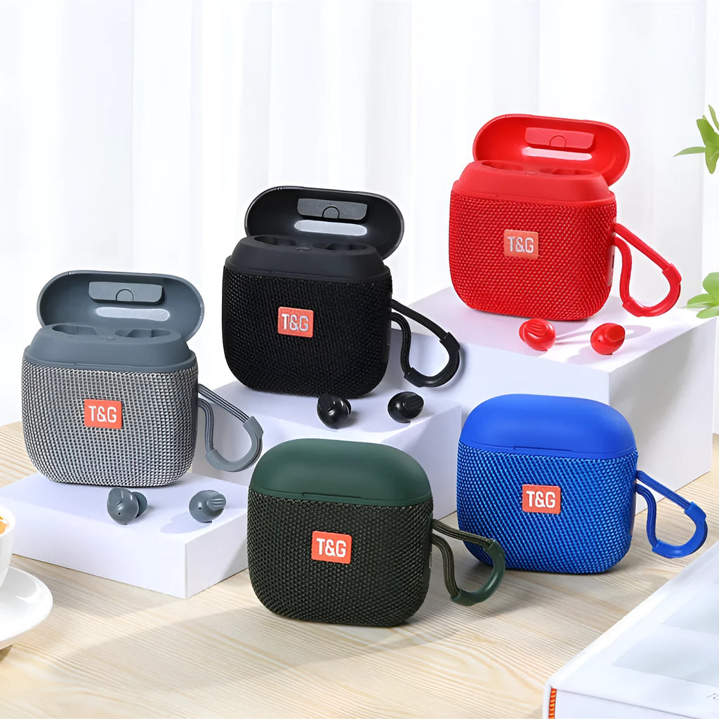 Portable dual stereo Bluetooth earphone speaker two-in-one with 52mm driver, USB charging, and five colour options