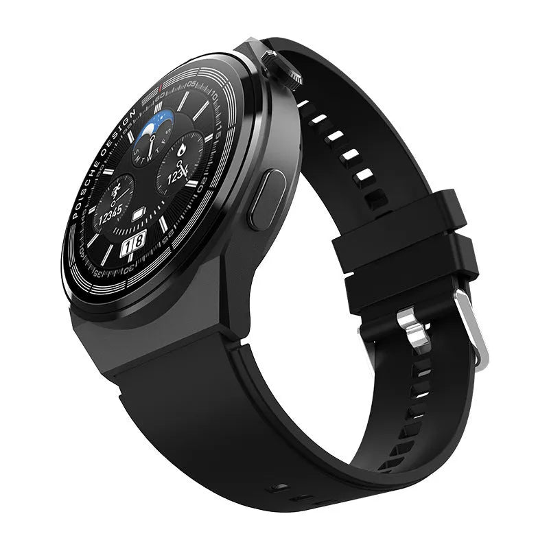 A circular black smartwatch with a silicone strap displaying a home screen on its 1.39-inch tempered glass display.