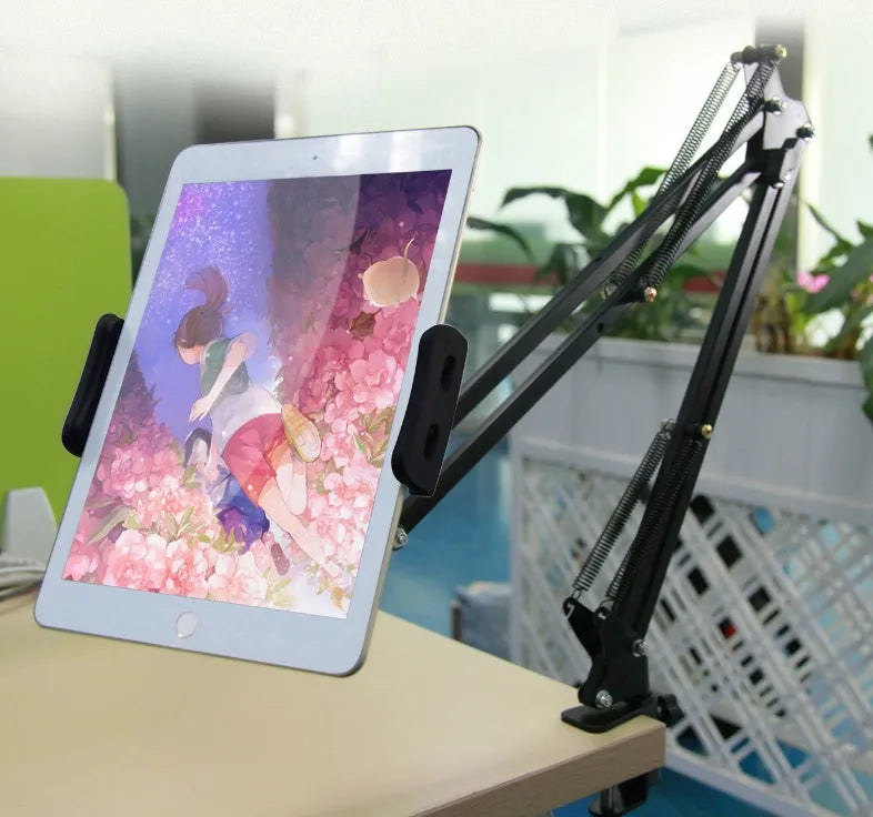 Adjustable black and white phone tablet stand showing different viewing angles