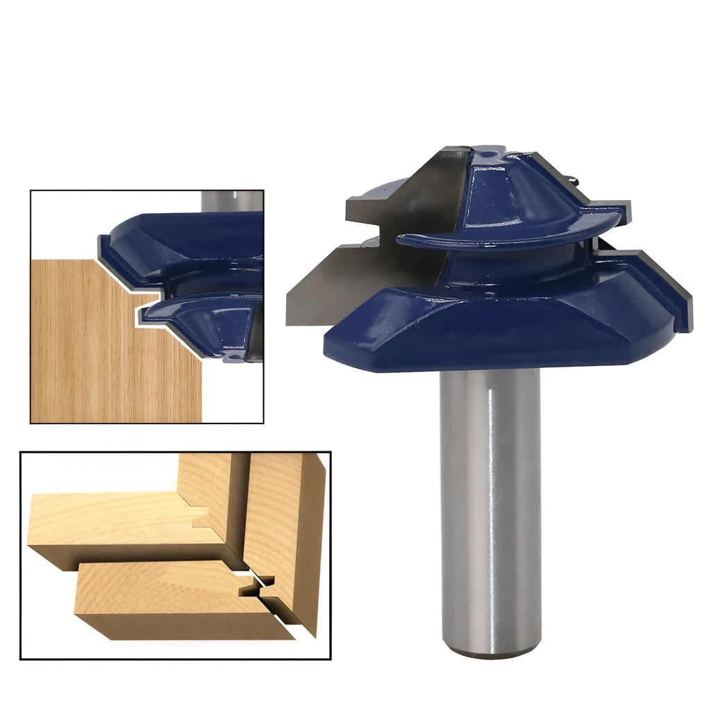 Blue-tipped half-inch woodworking tenon cutter with 45-degree angle in plastic storage box