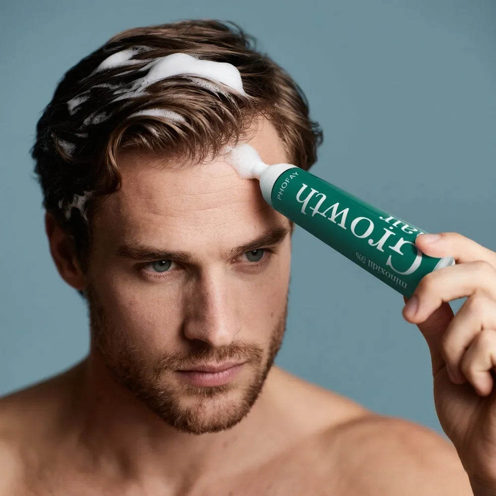 Minoxidil 5% anti-hair loss foam mousse bottle with scalp applicator for hair regrowth treatment