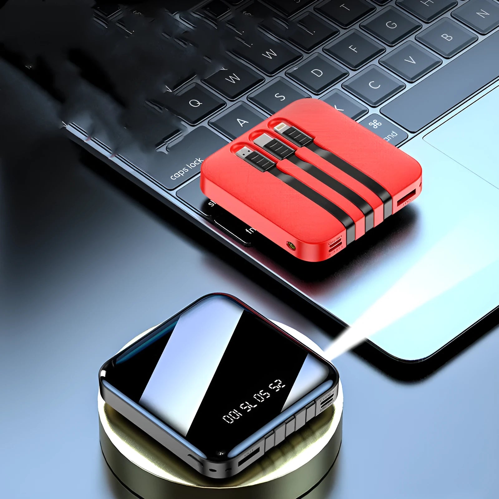 Square black power bank with a built-in USB charging cable, showing 10000mAh capacity label.