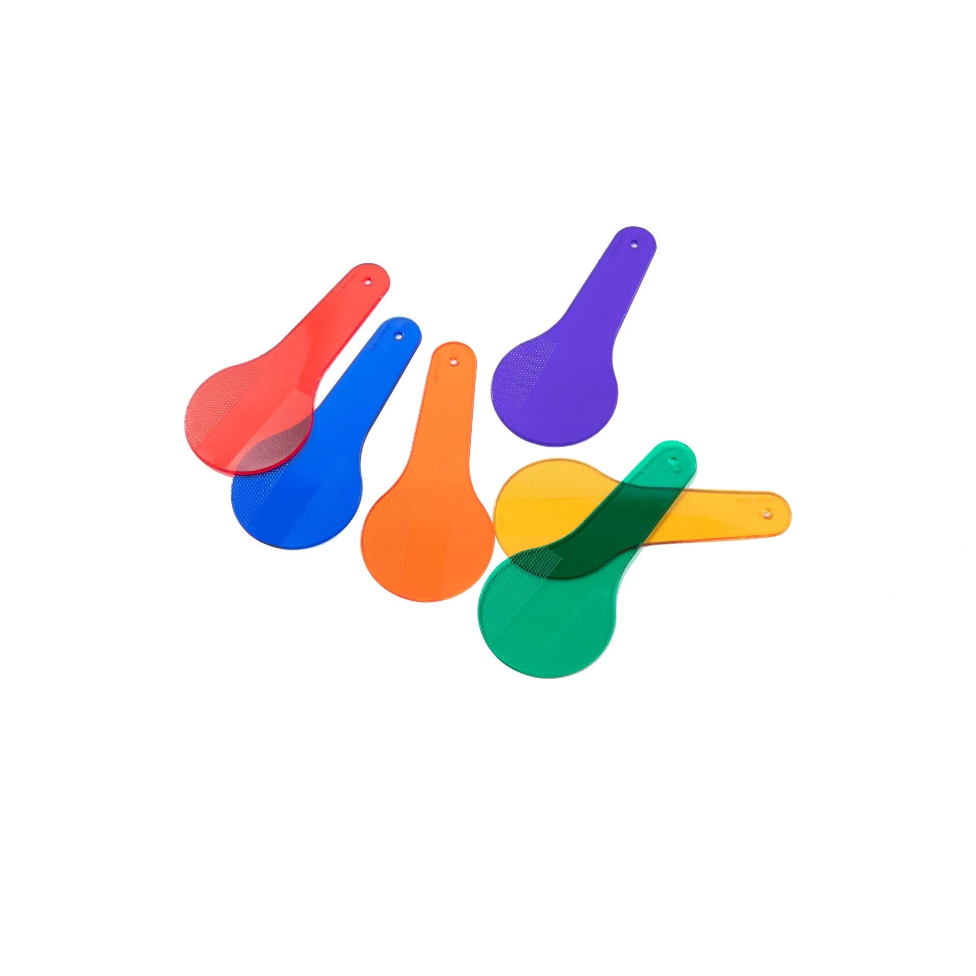 Six colourful PVC learning boards for children, showing red, yellow, blue, green, orange, and purple