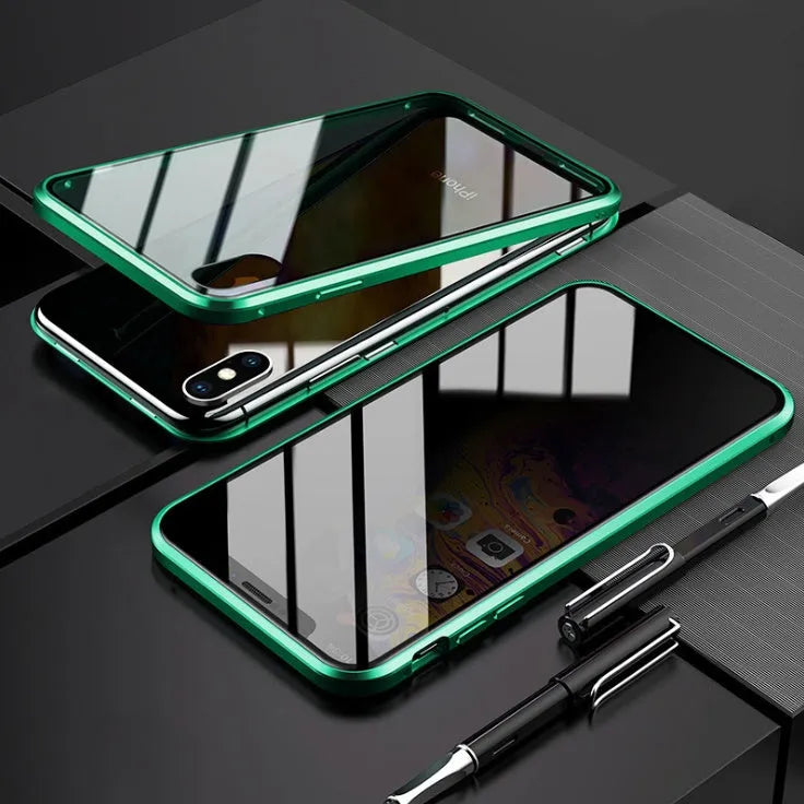 Black clamshell magnetic anti-peeping phone case for Samsung Galaxy phones, shown open and closed.