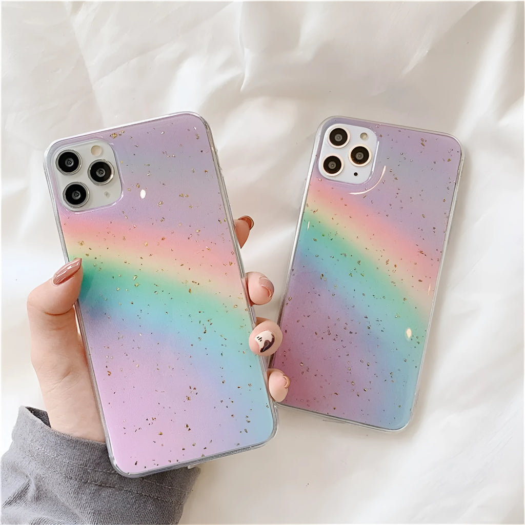 Colourful rainbow gradient striped TPU protective case for various iPhone models on a white background.