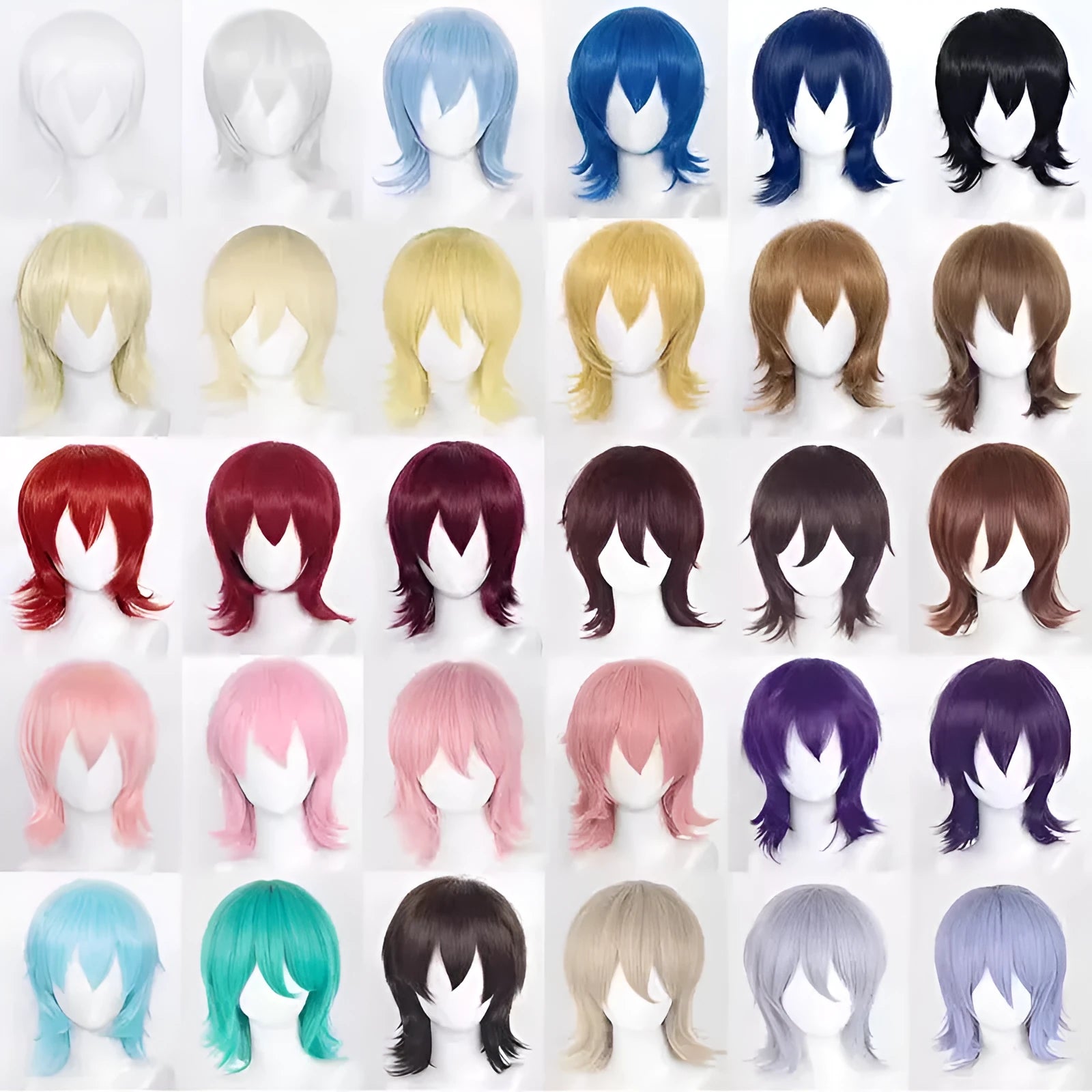 Short styled black and blue anime cosplay wig with a tail for men on a stand.