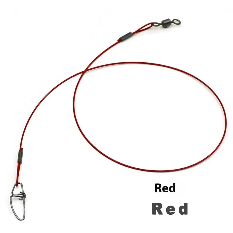 Set of steel wire fishing leaders in black, green, and red with double buckle pins.