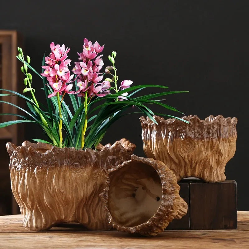 Ceramic wood shaped tree root flower pot in pastoral style, available in three sizes for succulent home gardening