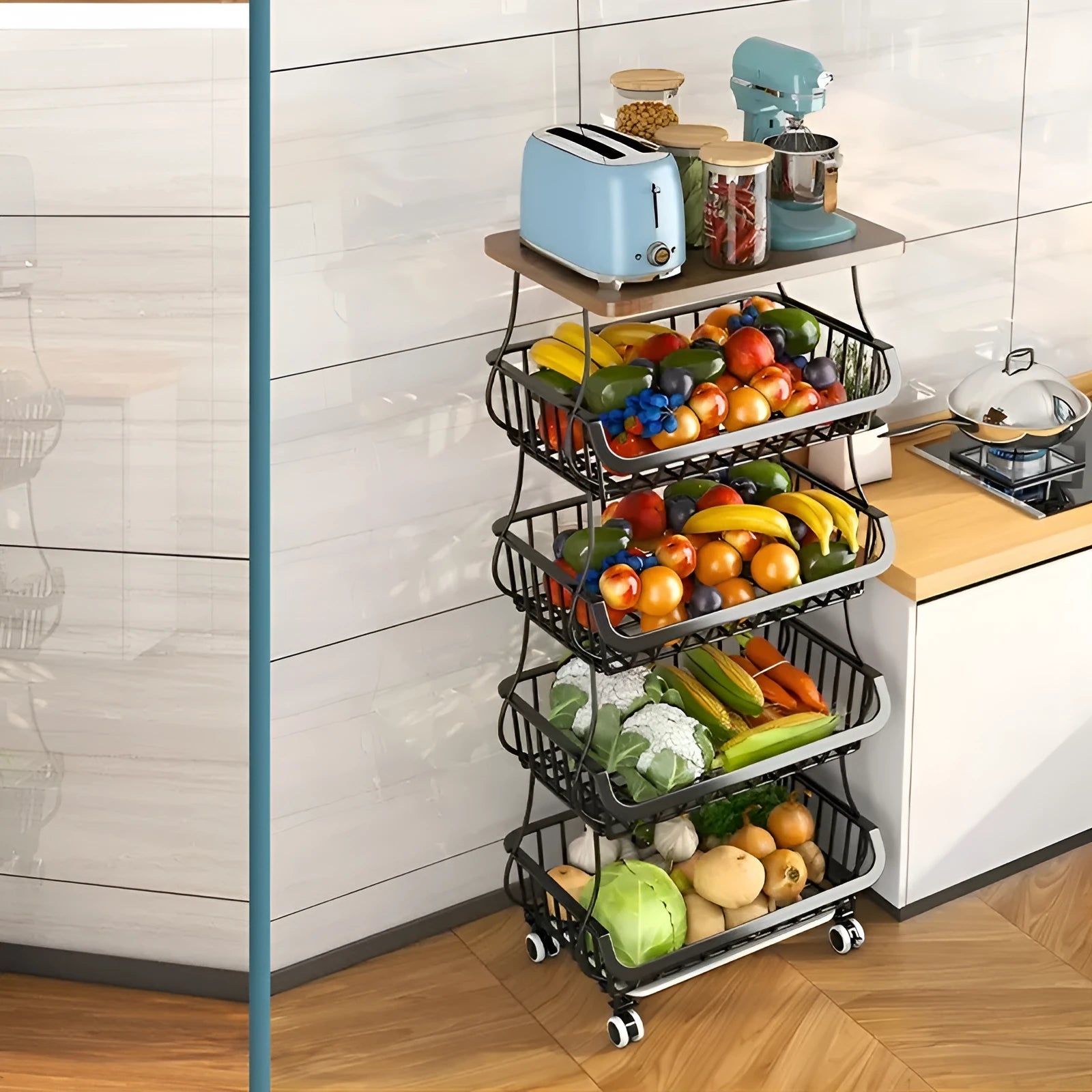 Black six layer freestanding kitchen storage trolley with carbon steel construction