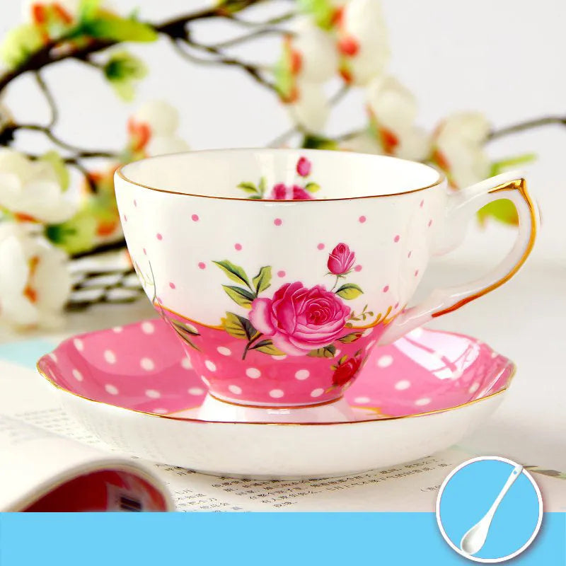 European porcelain coffee cup and saucer set with pastoral style pattern in assorted colours