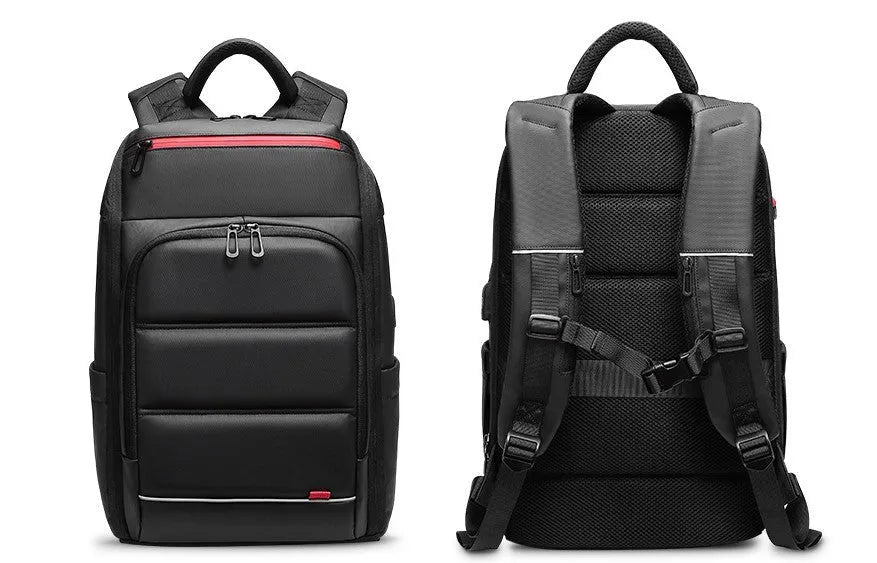 Black waterproof PVC backpack with USB charge port and compartments for 15.6 inch laptop