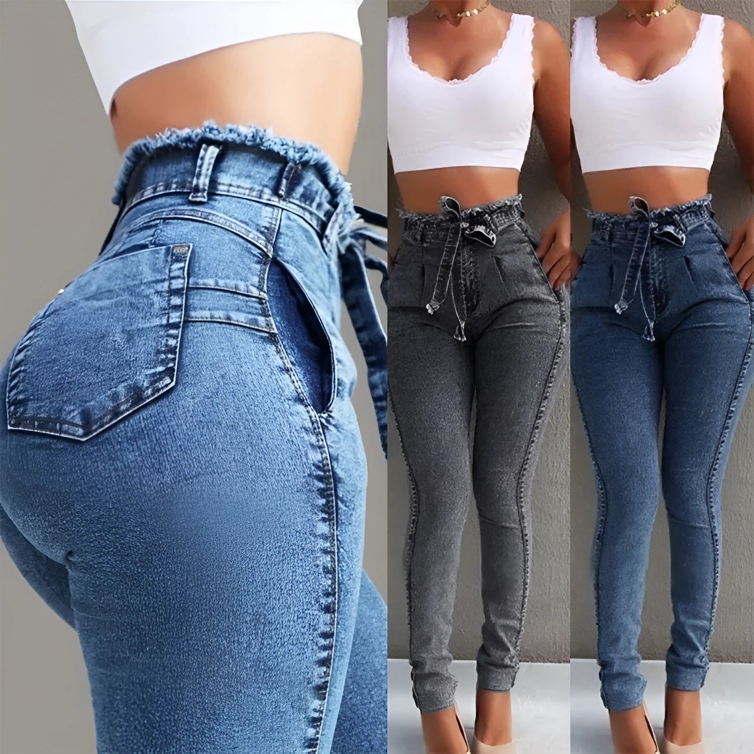 Women's fringed jeans in light blue, grey, and dark blue cowboy fabric, showing detailed fringe hem.