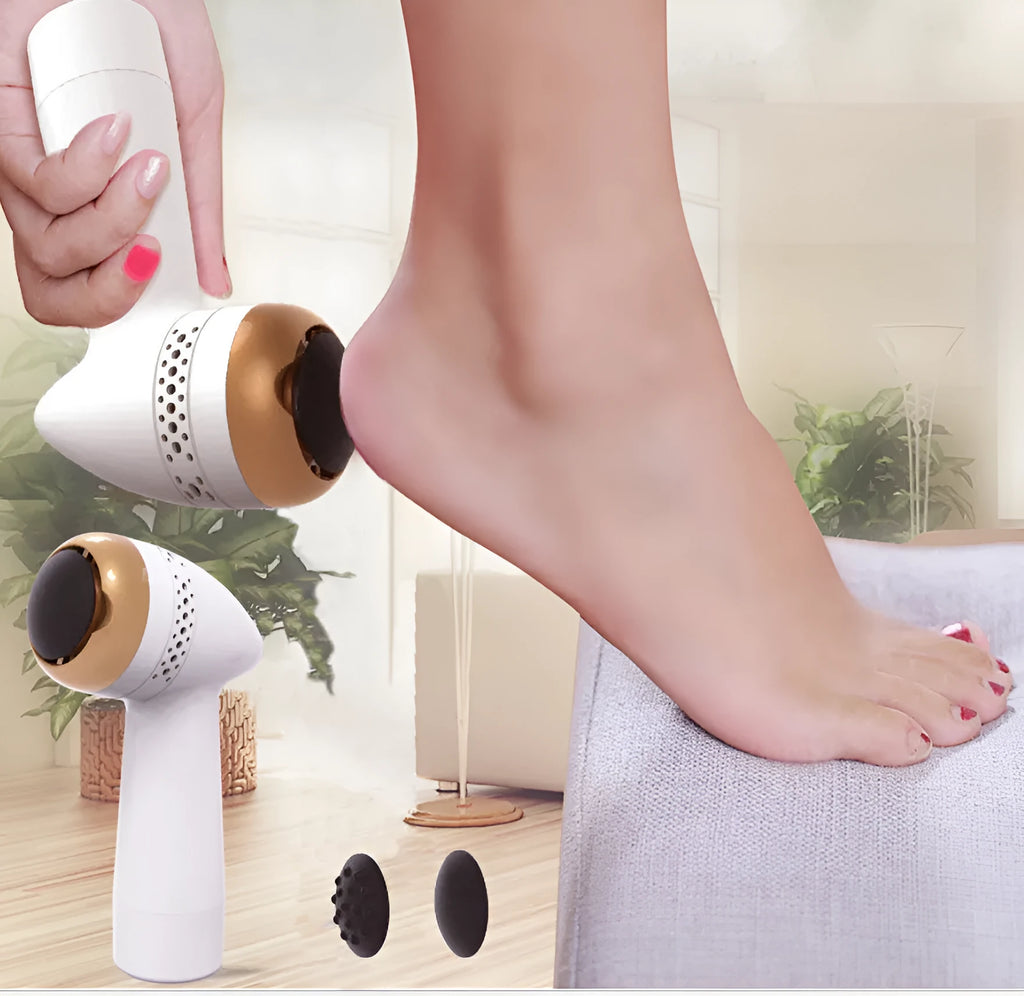 Handheld electric foot grinder with quartz head in gold, pink gold, and white silver colour options.
