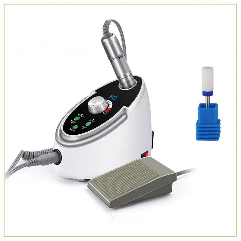 White electric nail polishing machine with digital speed display and foot control