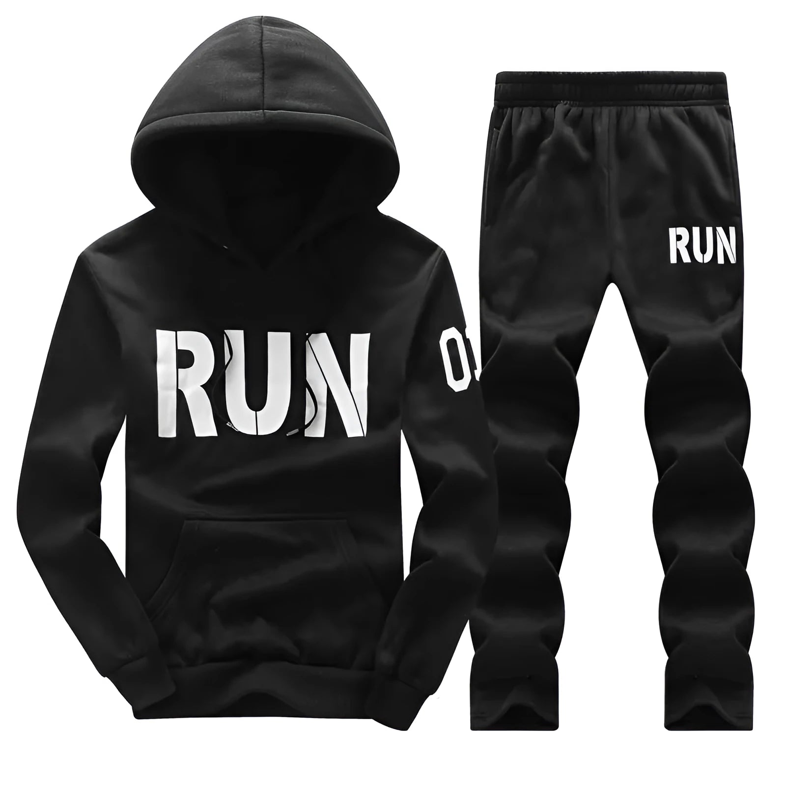 Men sports track suit two piece set in black cotton blend with zip and drawstring waist