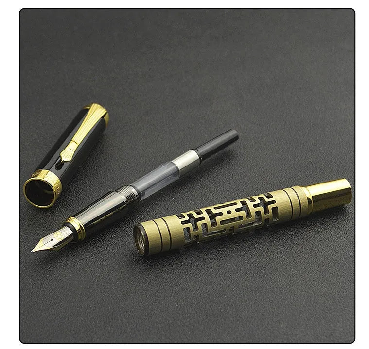 Yellow bronze metal fountain pen with iridium nib and 0.7mm big tip on white background