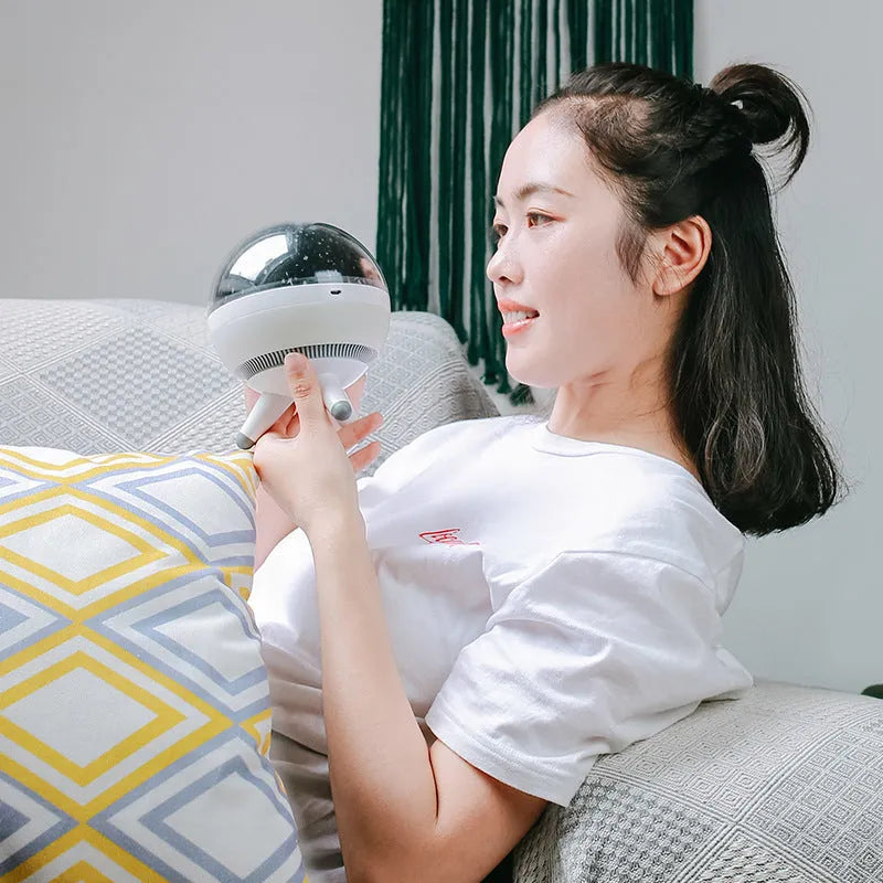 Black and white rotating starlight projection lamp measuring 15cm with battery power and cartoon design