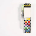 Fan-shaped foldable solid watercolour paint set with transparent plastic box, fountain pen, and sponge