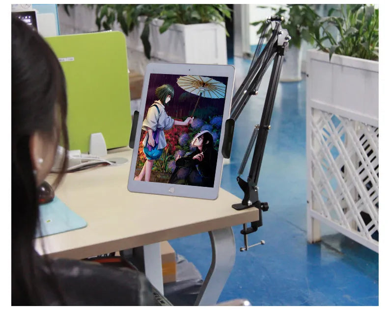 Adjustable black and white phone tablet stand showing different viewing angles