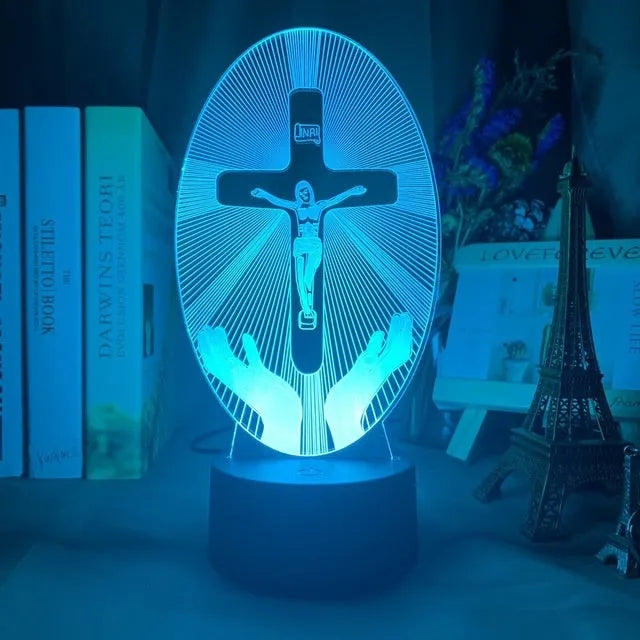 Cross acrylic 3D night light with LED, showing 200x150mm slim panel and colour glow