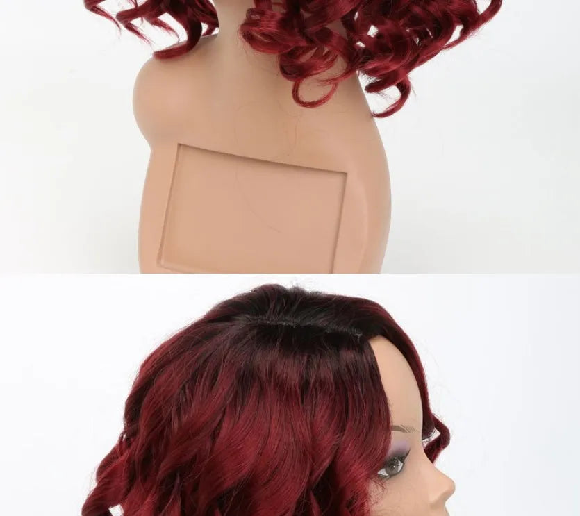 European Beauty wig headgear wine red 12inch full mechanism oblique bangs front view