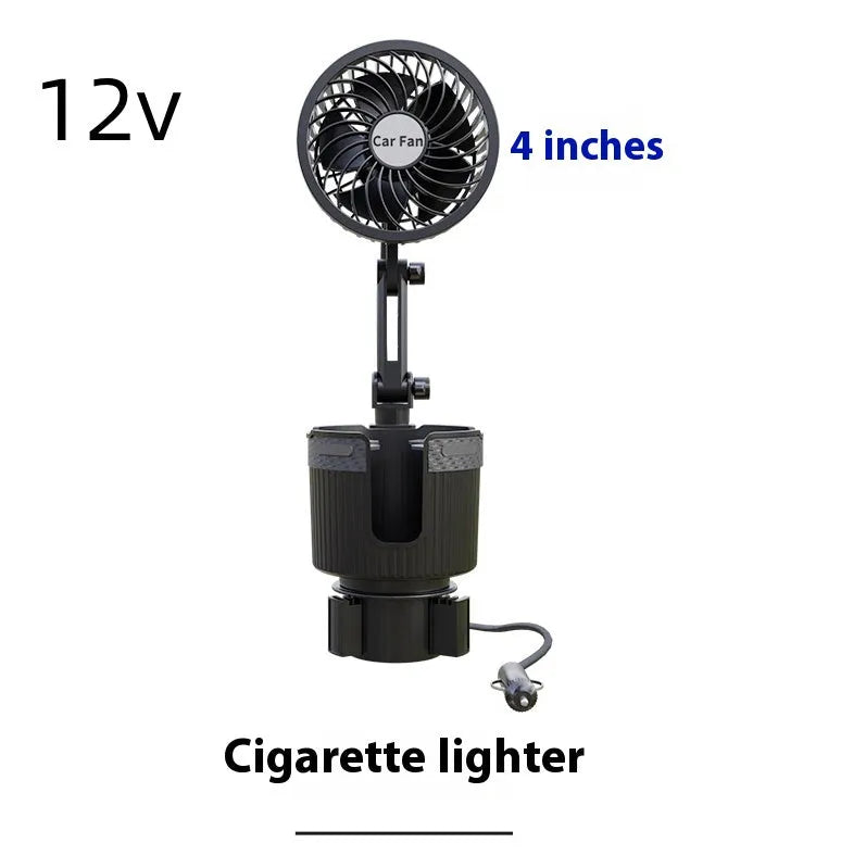 A car cup holder fan with black ABS plastic housing inserted into a vehicle's centre console.