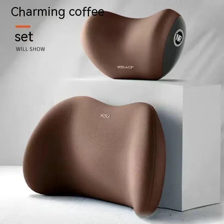 Black memory foam car headrest pillow and matching lumbar support pillow with a milk silk cover.
