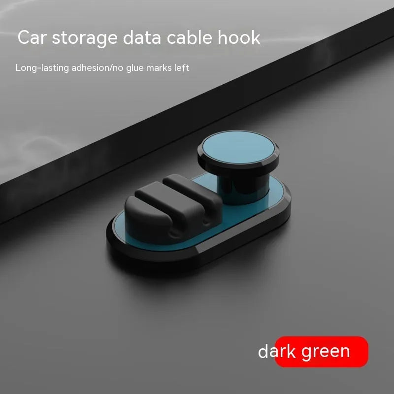 Car data cable storage hook in dark green with adhesive mount for vehicle organisation
