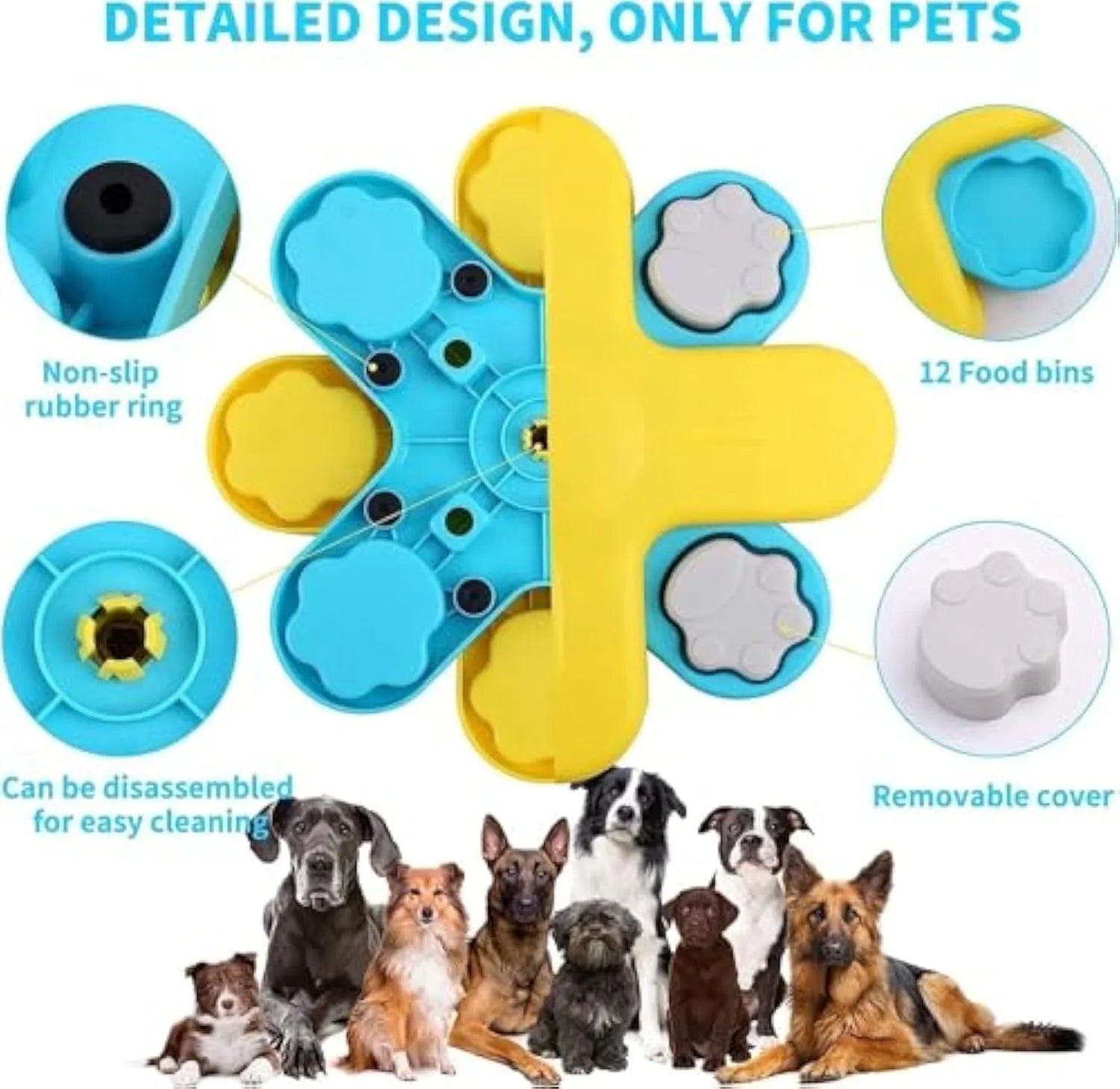 Yellow dog puzzle feeder toy with rotating lids on a non-slip base