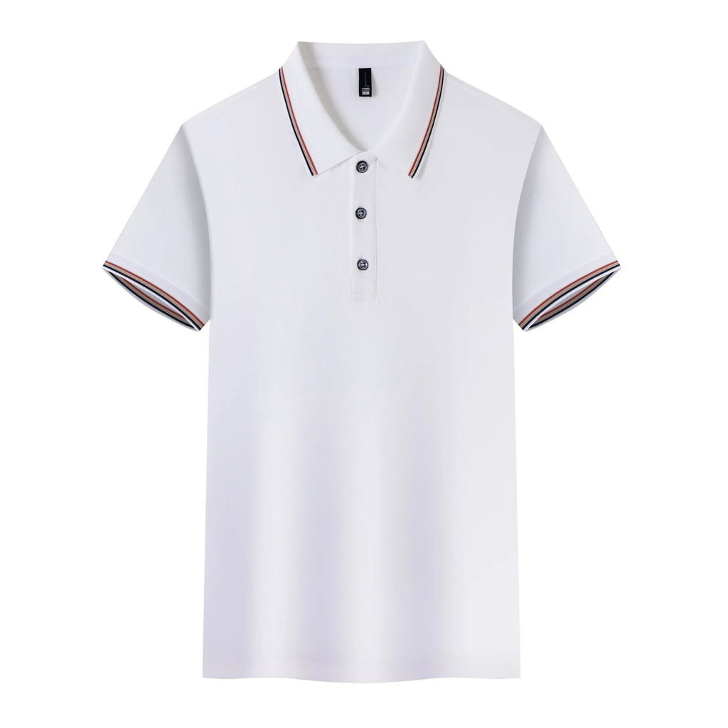 Ice silk polo shirt in solid colour on hanger, showing button placket and collar.