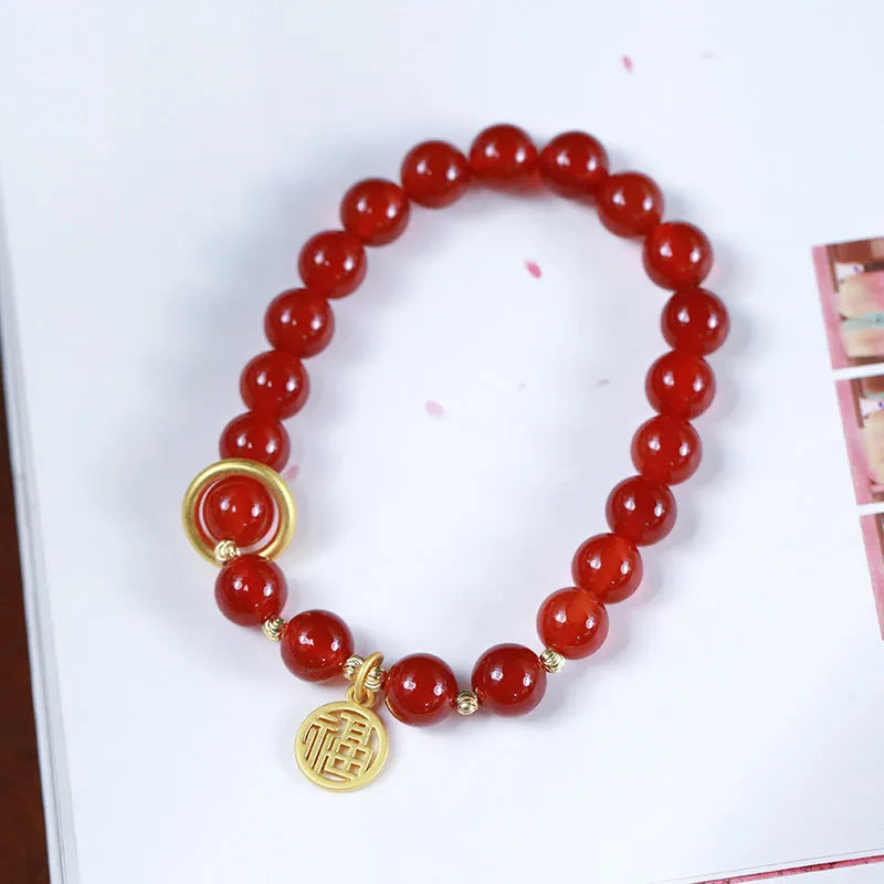 Natural red agate bracelet with woven beads and blessing card in national style