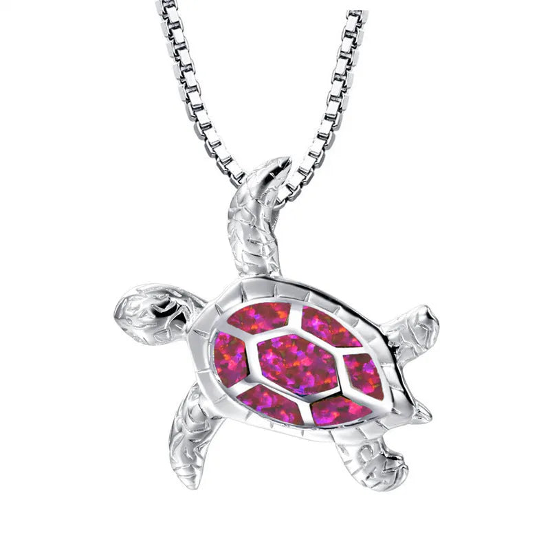 Silver filled blue opal sea turtle pendant necklace with vintage finish