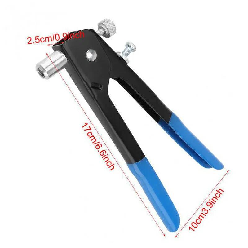 Alloy steel manual riveter tool with a selection of nut rivet fasteners from the kit.