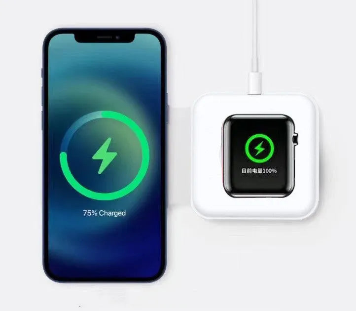 White folding dual wireless charger with 19mm folded thickness, Type-C input, for iPhone and Apple Watch